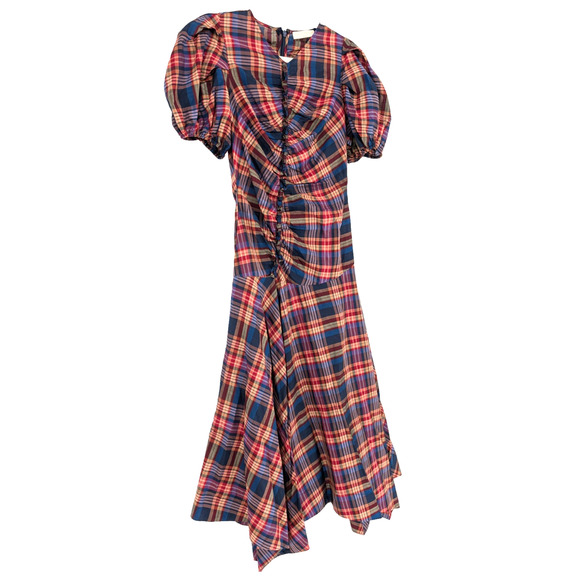 Ulla Johnson Heleen Puff Sleeve Silk Cotton Plaid Asymmetric Midi Dress Size 2 - Picture 8 of 13